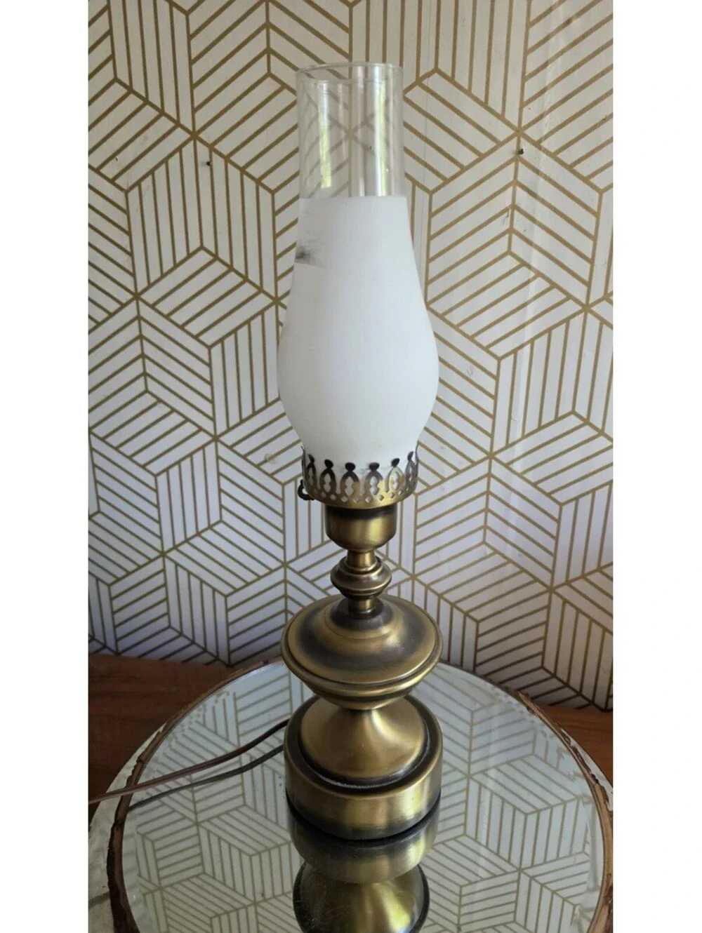 Vintage 3Pc Antiqued Brass Hurricane Parlor Table Lamp Glass Chimney- 3 Way GWTW